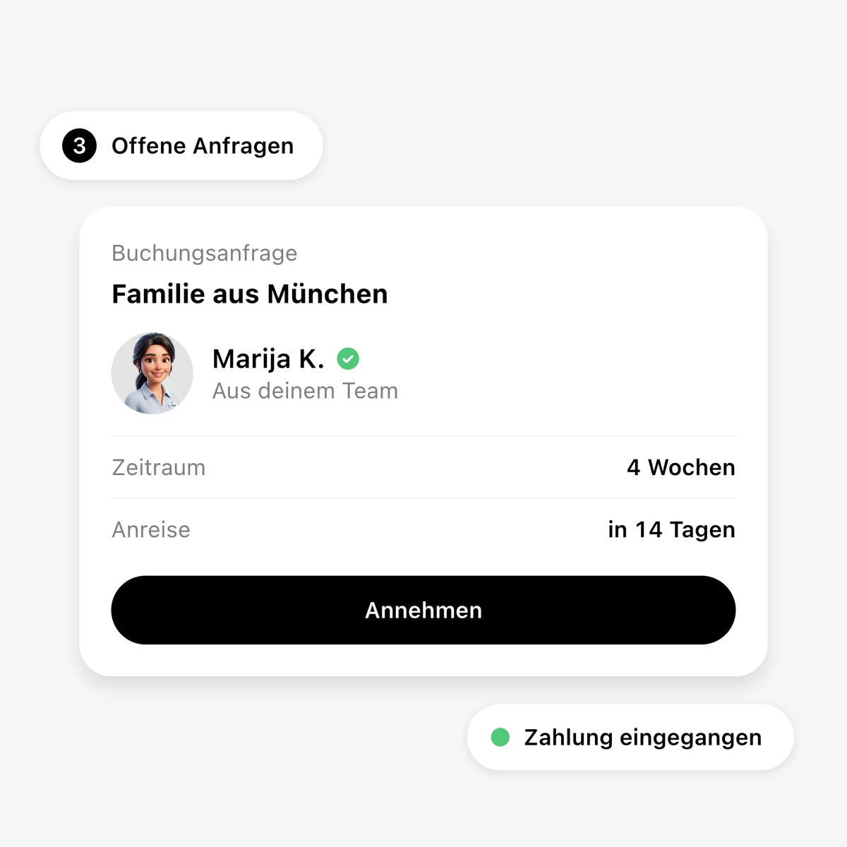Illustration: Buchungsanfrage im CAIR-Agenturbereich mit Betreuungskraft, Zeitraum und Anreise